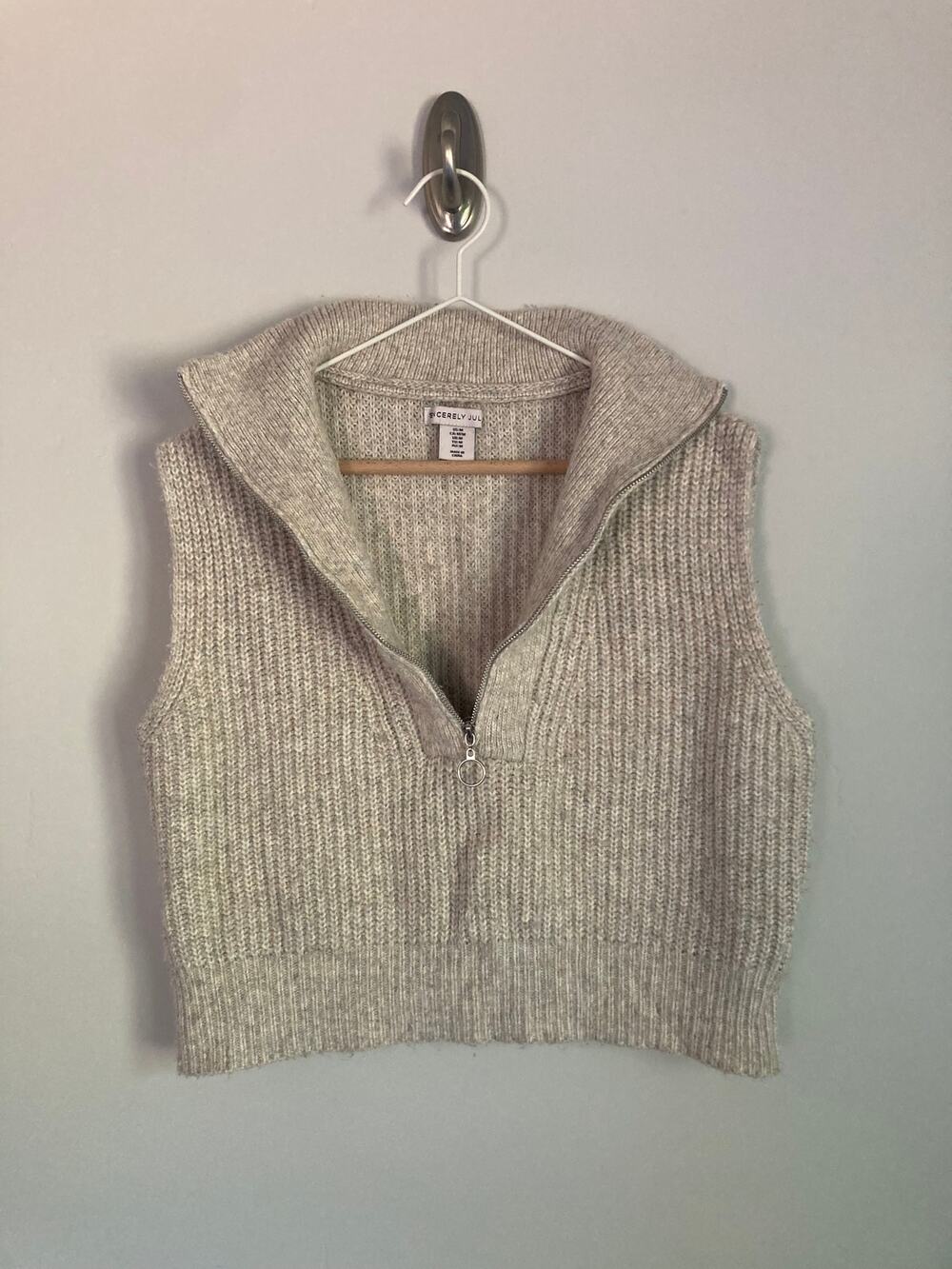Cream Cropped Half Zip Sweater Vest Ribbed Fall Layering Knit Top